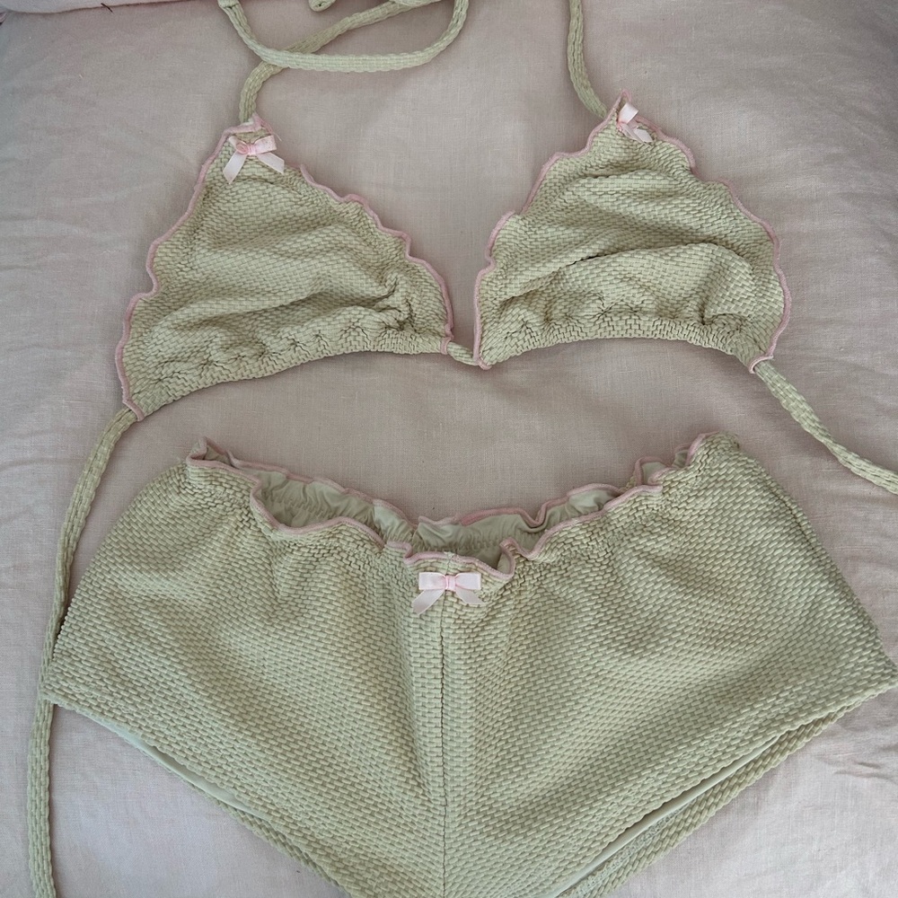 Frankie's Bikinis Sage Green Knit Bra & Short Sleep Set with Pink Trim